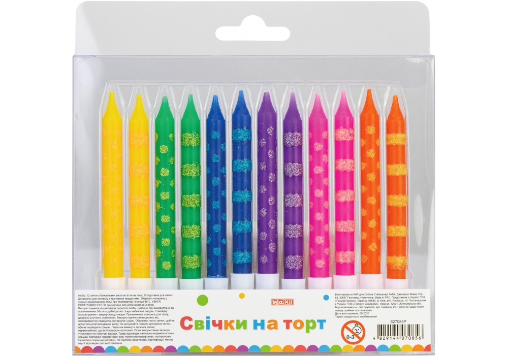 Набір свічки на торт "Maxi" /MX627085P/ "Блискітки" 12шт, 8см (1/12)
