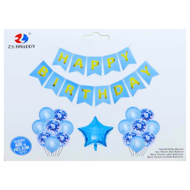 Набір повітряних кульок Happy birthday 17шт=(1шт.Зірка*45см+16шт.*30см+растяж. 5м),блак (1/10) Китай (1210-1)