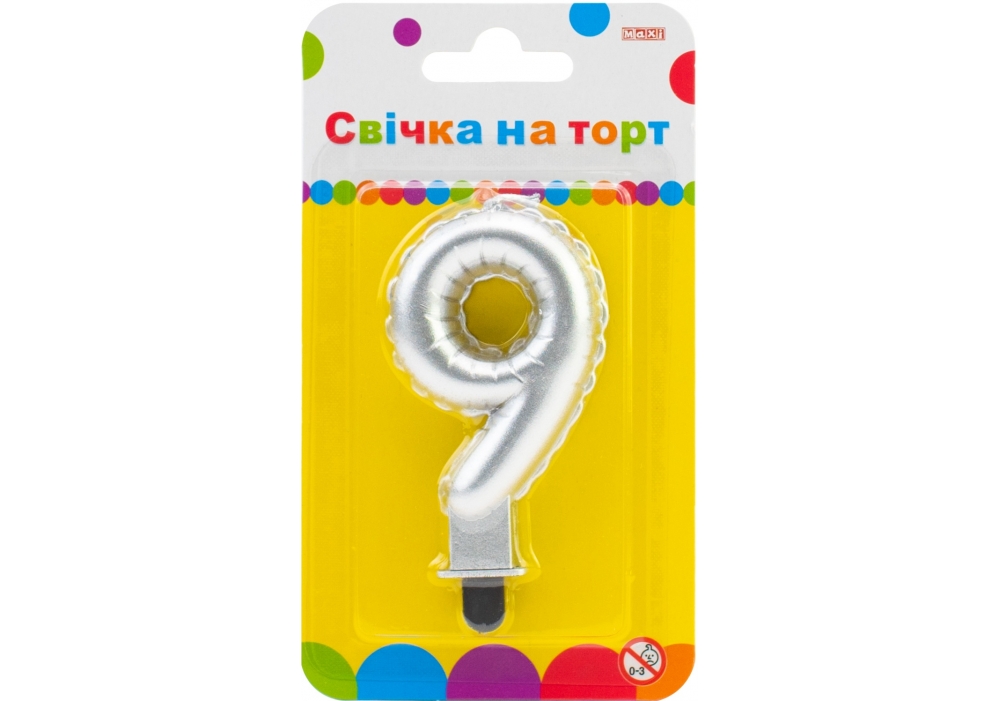 Свічка - цифра "Maxi" /MX622095S-9/ "9" срібна кулька 7,62см (1/24)