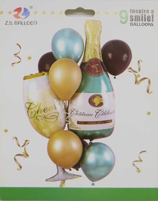 Набір повітряних кульок фольговані Cheers-келих, шампанське 9шт.=2шт*90см+7шт.*30см блакитний, золотий Китай (1212-28)
