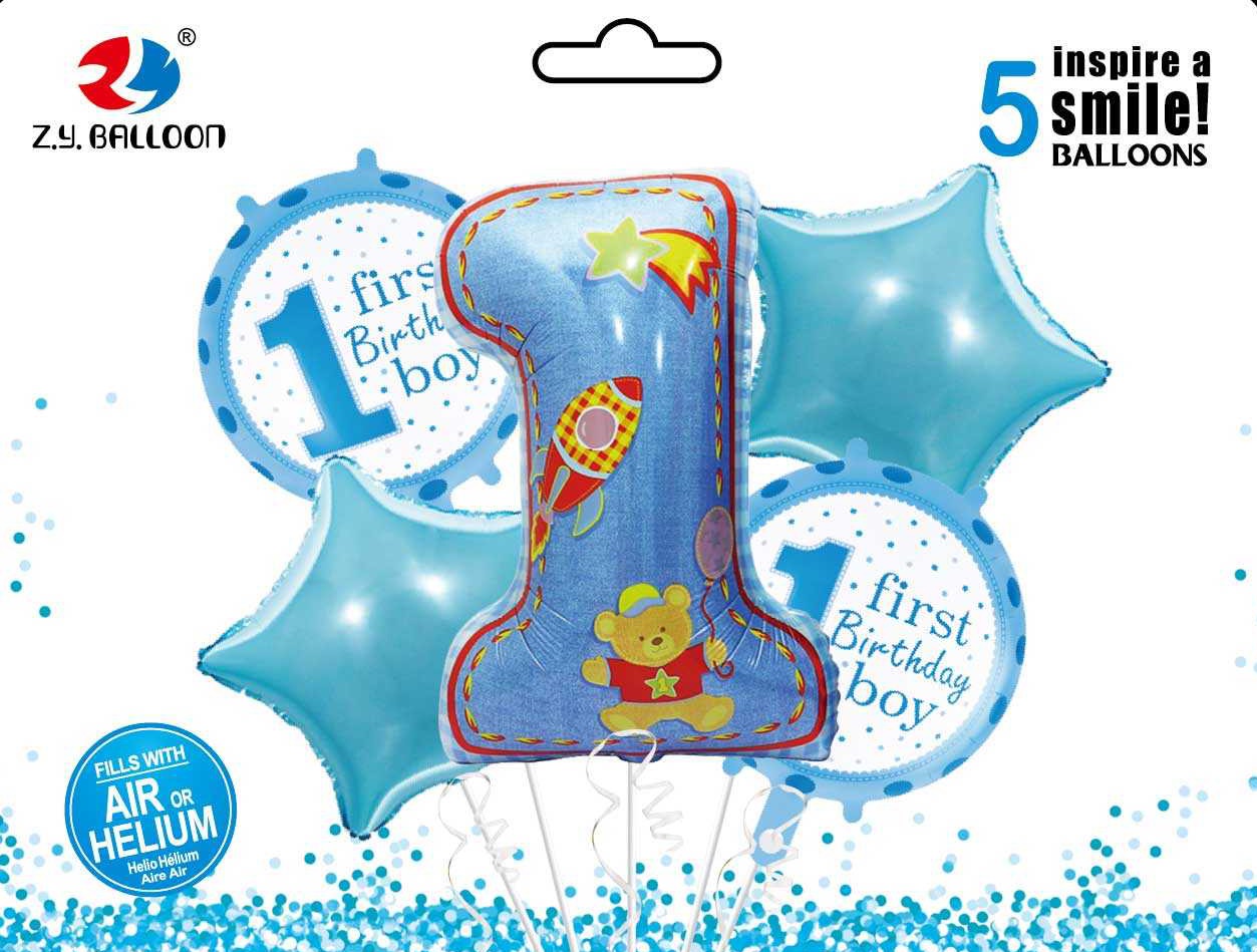 Набір повітряних кульок фольговані First birthday-Boy 5шт.=1шт*80см+4шт*45см Китай (1212-33)