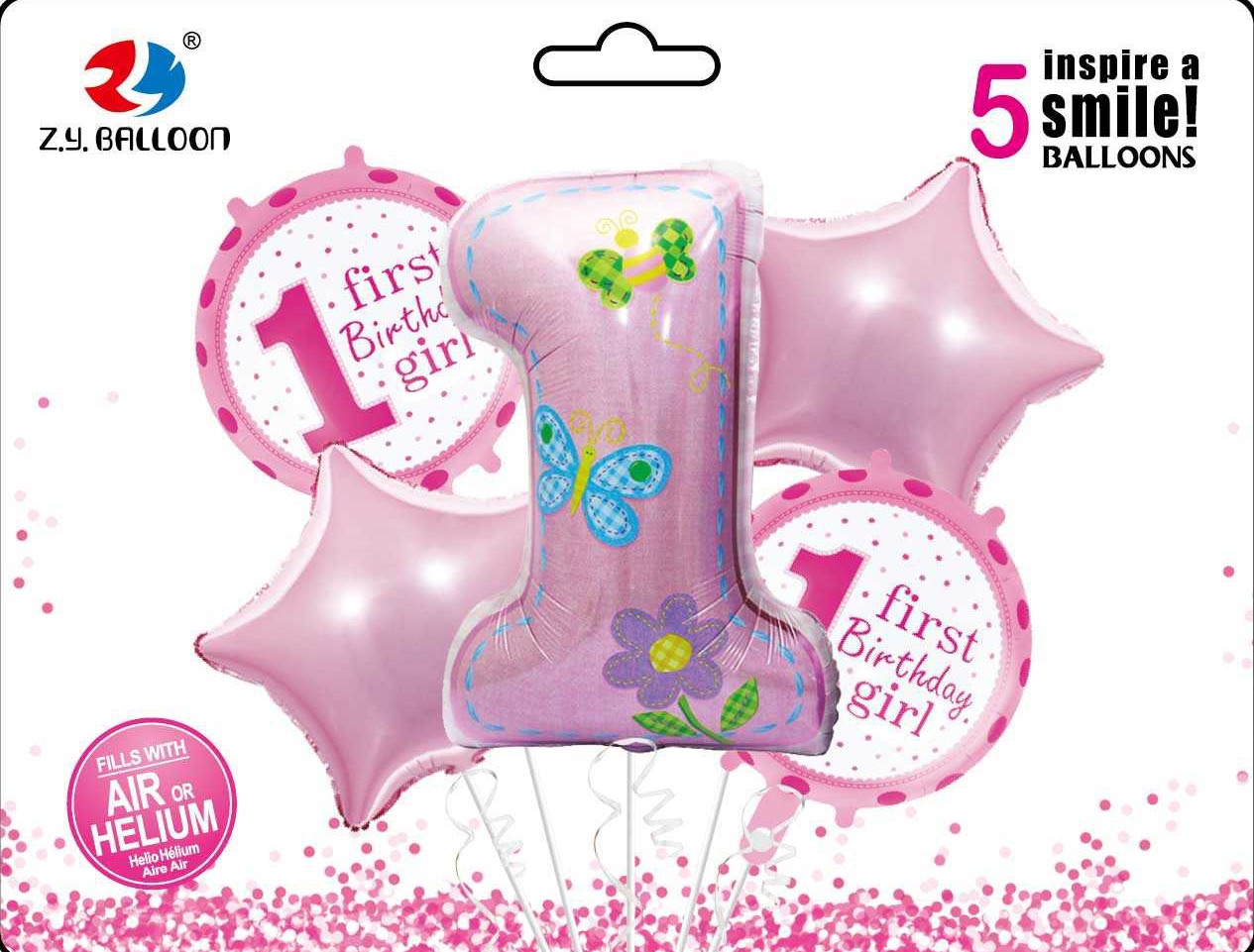 Набір повітряних кульок фольговані First birthday-Girl 5шт. = 1шт * 80см + 4шт * 45см Китай (1212-34)