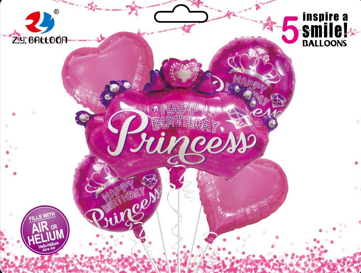 Набір повітряних кульок фольговані Happy birthday-Princess 5шт.=1шт*70см+4шт*45см Китай (1212-31)