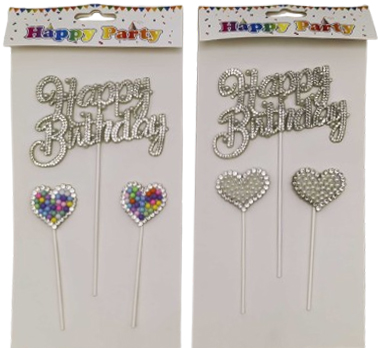 Топпер для торту 3D /215/ 3шт. "Happy birthday - стрази" 16см +2серця (1/12)