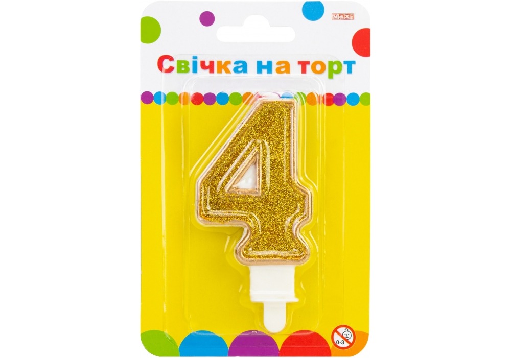 Свічка - цифра "Maxi" /MX622083-4/ "4" золотиста двостороння з блискітками 7,62см (1/24)