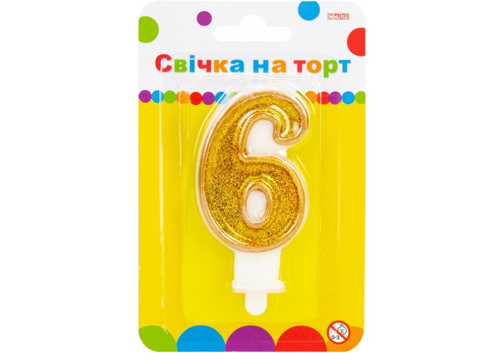 Свічка - цифра "Maxi" /MX622083-6/ "6" золотиста двостороння з блискітками 7,62см (1/24)