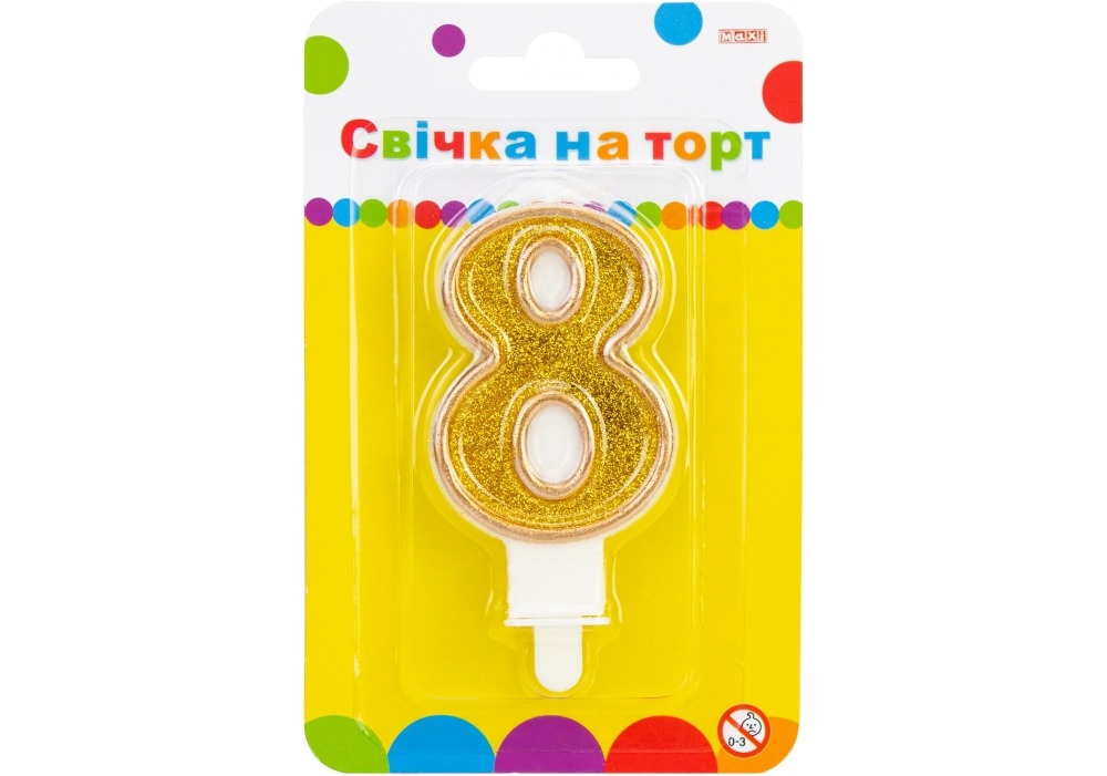 Свічка - цифра "Maxi" /MX622083-8/ "8" золотиста двостороння з блискітками 7,62см (1/24)