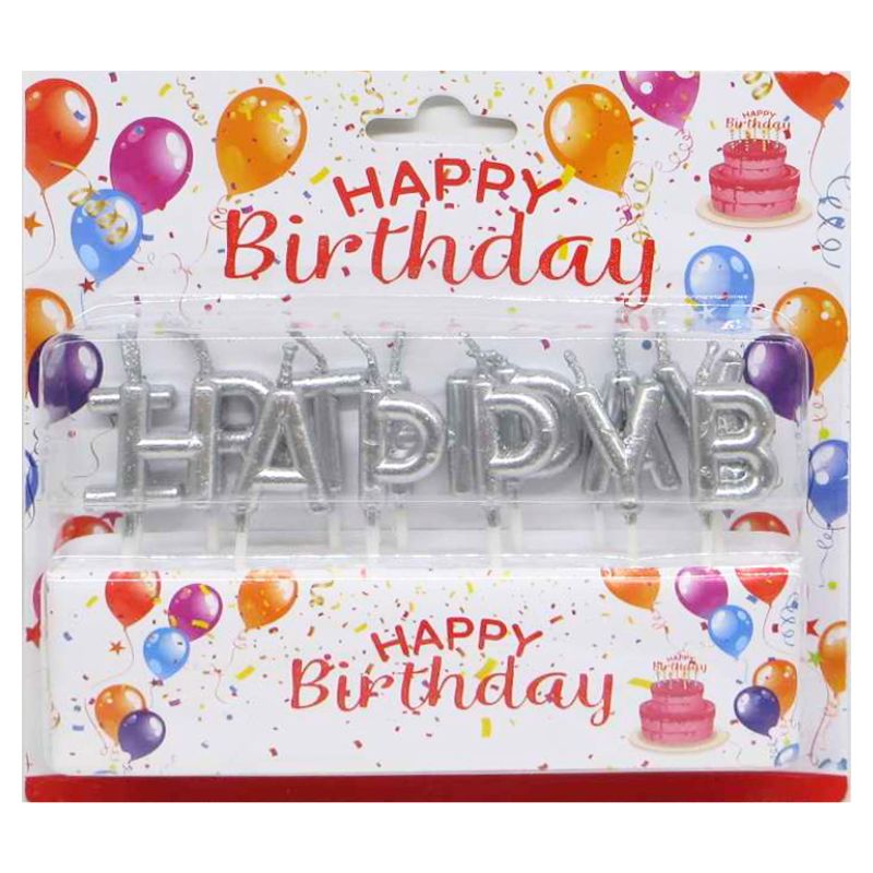 Набір свічок для торту /7575-3/ "Happy Birthday" букви, срібло 2,5 см (1/12/360)