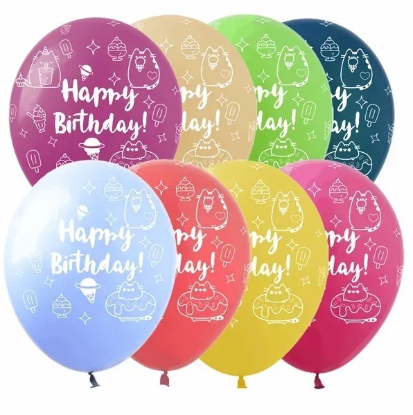 Кульки повітряні Pelican латексні 12(30см ) Happy Birthday Котики Pusheen макарун 10шт/уп Pelican (8212612)