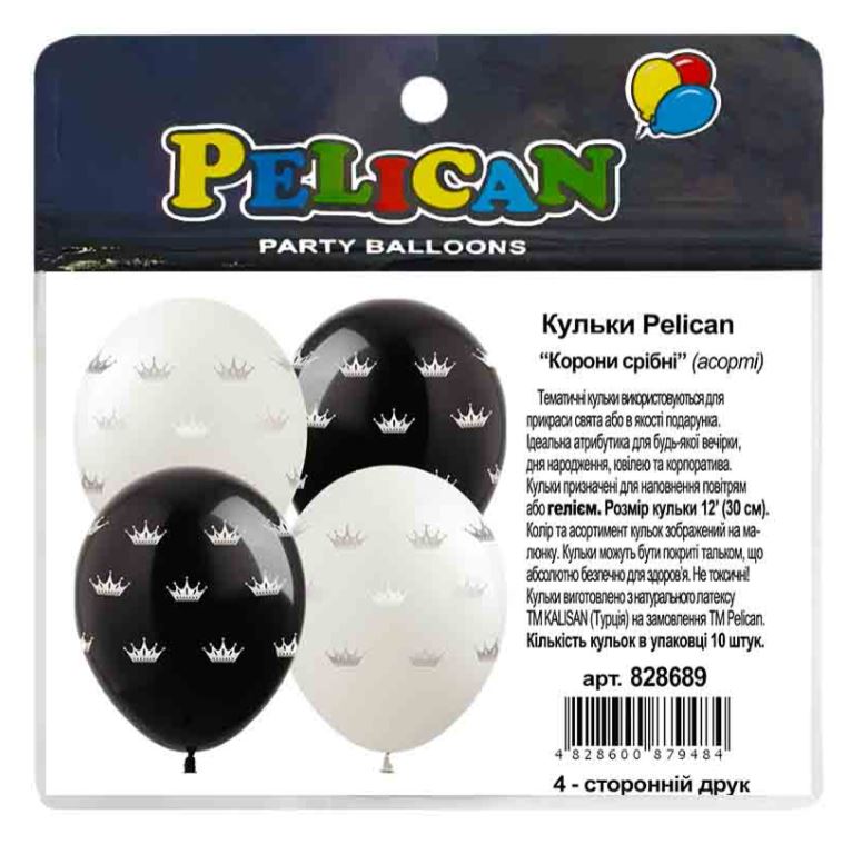 Кульки повітряні Pelican латексні 12(30сm ) Корони срібні асорті 4-стор. 10шт Pelican (828689)
