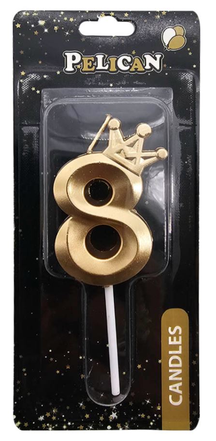 Свічка для торту "Pelican" /863108/ цифра 3D з короною "8", золото 6см (1/12)