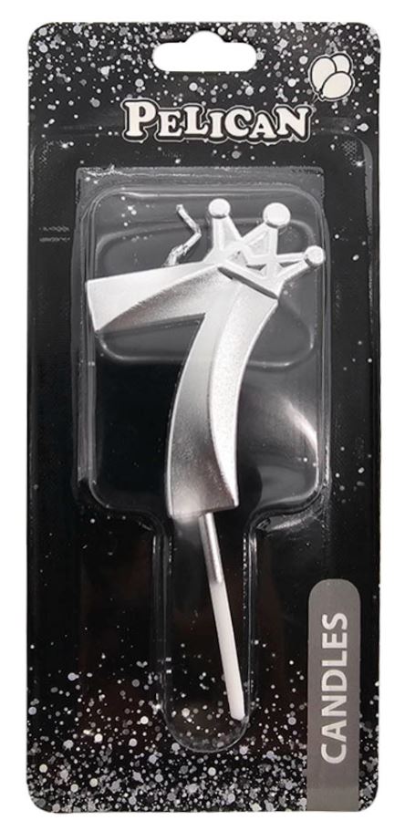 Свічка для торту "Pelican" /863117/ цифра 3D з короною "7", срібло 6см (1/12)
