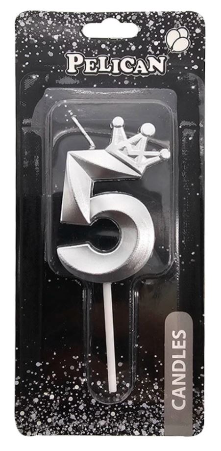 Свічка для торту "Pelican" /863115/ цифра 3D з короною "5", срібло 6см (1/12)