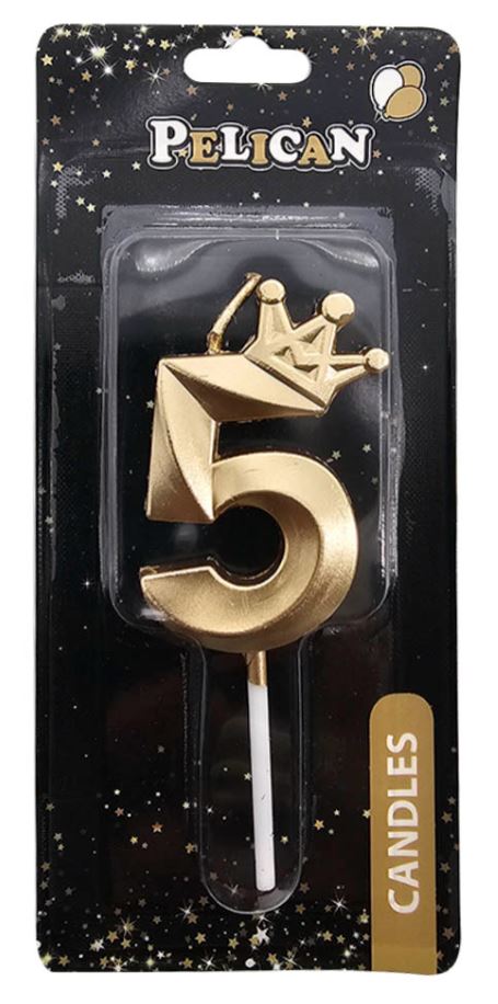 Свічка для торту "Pelican" /863105/ цифра 3D з короною "5", золото 6см (1/12)