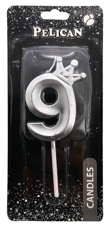 Свічка для торту "Pelican" /863119/ цифра 3D з короною "9", срібло 6см (1/12)