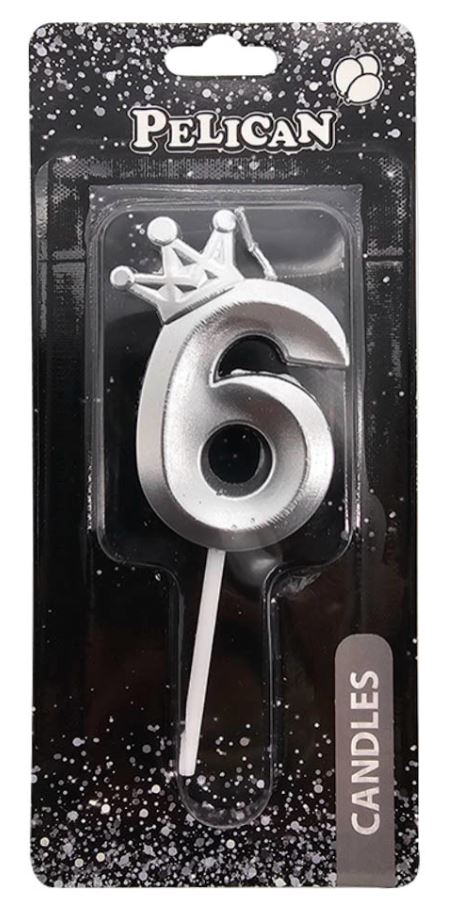 Свічка для торту "Pelican" /863116/ цифра 3D з короною "6", срібло 6см (1/12)