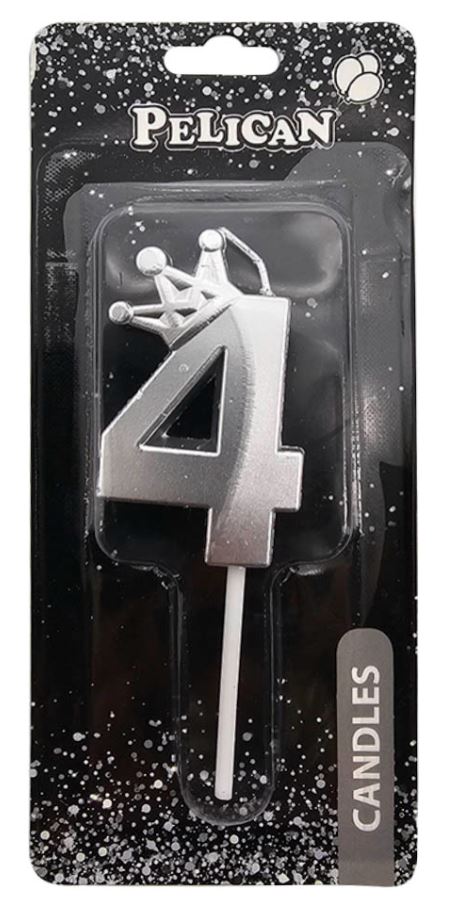 Свічка для торту "Pelican" /863114/ цифра 3D з короною "4", срібло 6см (1/12)