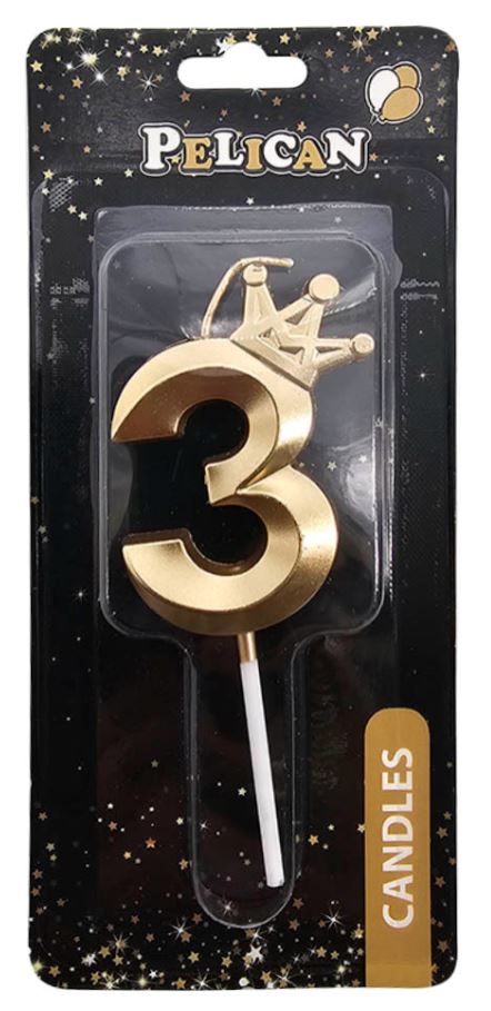 Свічка для торту "Pelican" /863103/ цифра 3D з короною "3", золото 6см (1/12)