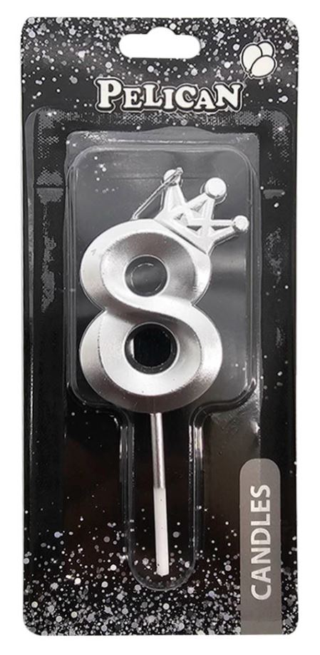Свічка для торту "Pelican" /863118/ цифра 3D з короною "8", срібло 6см (1/12)